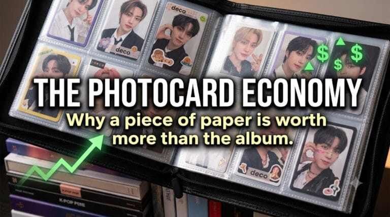 A 16:9 YouTube thumbnail showing a binder full of K-pop photocards next to stacked albums, with bold text reading 'The Photocard Economy: Why a piece of paper is worth more than the album', representing the high-value trading market in K-pop.