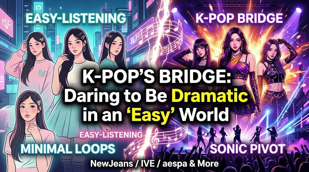 An infographic juxtaposing NewJeans with IVE and aespa to illustrate a blog post titled "K-POP'S BRIDGE: Daring to Be Dramatic in an 'Easy' World". The left side features NewJeans in a calm, lo-fi aesthetic with "EASY-LISTENING" and "MINIMAL LOOPS" text, contrasted with the right side showing the explosive, theatrical energy of IVE and aespa with "K-POP BRIDGE" and "SONIC PIVOT" text, separated by musical notes