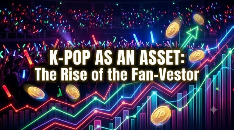 A glowing K-pop concert crowd with overlaid digital stock market graphs and gold coins, representing the merging of music fandom with alternative financial investments through copyright fractional ownership