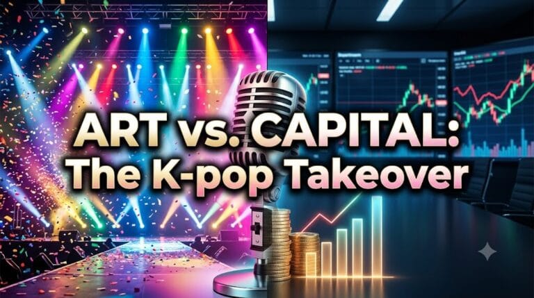 A 16:9 split-screen image contrasting a vibrant K-pop concert stage with a dark corporate financial boardroom, representing the clash between artistic creativity and private equity mega capital in the global entertainment industry.