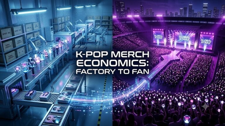 A visual representation of the K-pop merchandise supply chain, showing a manufacturing line producing lightsticks and photocards connected to a glowing concert stadium, with overlay text reading K-POP MERCH ECONOMICS: FACTORY TO FAN