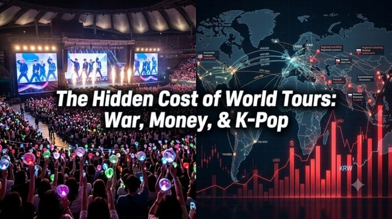 A split-screen visual contrasting a vibrant, sold-out K-pop stadium concert illuminated by glowing light sticks with a digital world map displaying complex flight logistics, financial charts, and geopolitical data points.
