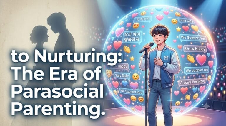 A conceptual illustration showing the evolution of K-pop fandoms, featuring a protective shield of digital hearts surrounding a young idol, with text reading 'From Romance to Nurturing: The Era of Parasocial Parenting'