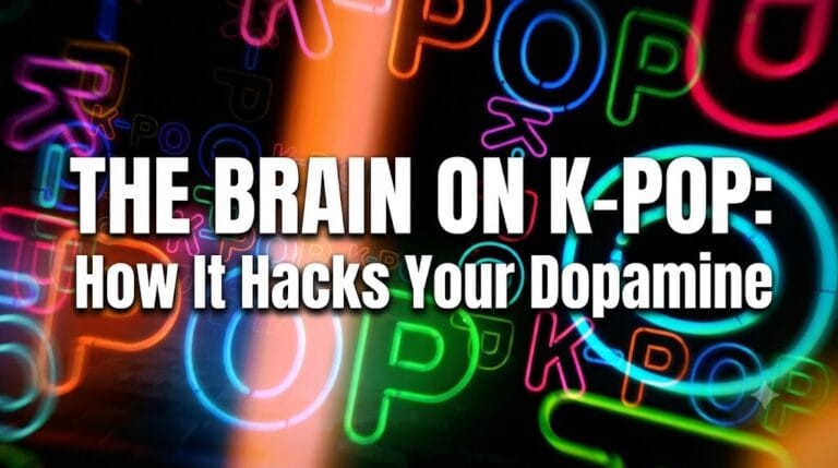 A dark background illuminated by overlapping, glowing neon K-pop text in highly saturated colors like bright green, hot pink, and electric blue, representing the visual overload and dopamine-triggering aesthetics of Korean pop music videos.