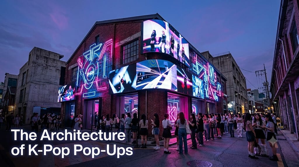 A vibrant neon-lit K-pop pop-up store in Seongsu-dong, Seoul, showcasing the immersive architectural design and digital screen integration used by space designers.