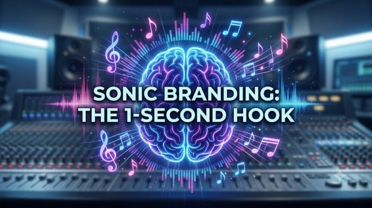 A glowing neon human brain emitting digital soundwaves in a music studio, representing the neuroscience of sonic branding and the psychological impact of signature producer tags.