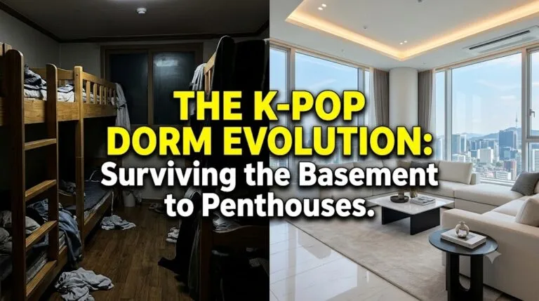 A split-screen comparison showing a cramped K-pop rookie dormitory with bunk beds on one side and a modern luxury penthouse apartment on the other, illustrating the evolution of idol housing and lifestyle.