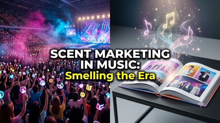 A side-by-side comparison showing a misty, atmospheric live concert stadium and an open physical music album releasing magical fragrance notes, illustrating the concept of multi-sensory scent marketing in the entertainment industry