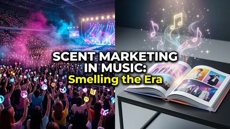 A side-by-side comparison showing a misty, atmospheric live concert stadium and an open physical music album releasing magical fragrance notes, illustrating the concept of multi-sensory scent marketing in the entertainment industry