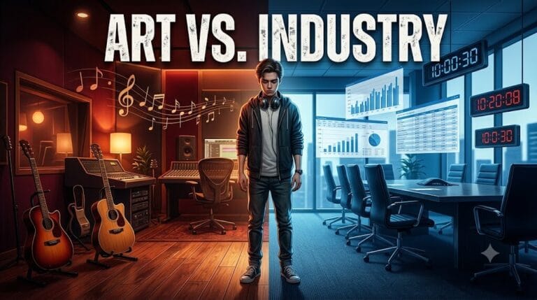 Exhausted A&R Coordinator standing between a warm creative music studio and a cold corporate boardroom representing music industry burnout and emotional labor.