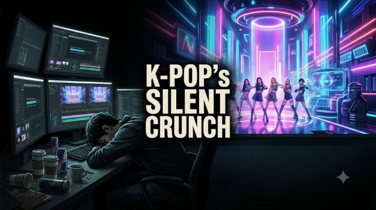 Exhausted freelance K-pop music video editor and CG designer sleeping at a desk surrounded by computer monitors, highlighting the brutal crunch mode and overtime in the K-pop post-production industry.