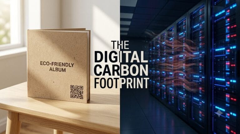 A side-by-side comparison showing a plastic-free, eco-friendly QR code album next to a massive, energy-consuming server data center, illustrating the hidden digital carbon footprint of music streaming