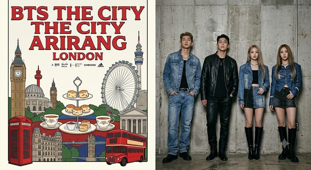 왼쪽 포스터 이미지: '빅벤, 런던 아이 등 랜드마크와 함께 "BTS THE CITY ARIRANG LONDON" 문구가 적힌 방탄소년단의 런던 공연 포스터'오른쪽 그룹 사진 이미지: '빈티지한 배경 앞에서 포즈를 취하고 있는 KARD 멤버 4명의 "DRIFT" 월드 투어 콘셉트 단체 사진'
