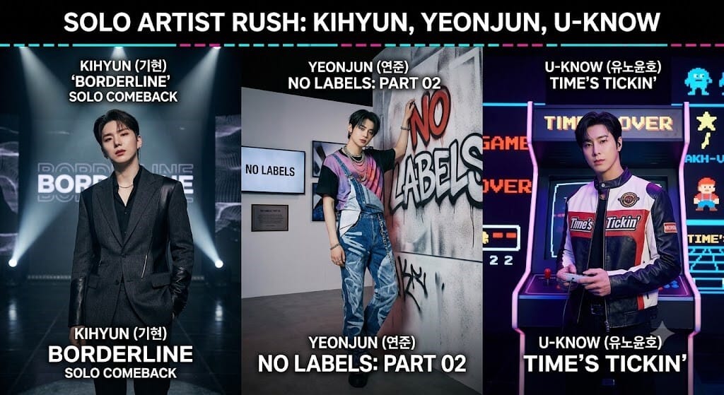 상단에 'SOLO ARTIST RUSH: KIHYUN, YEONJUN, U-KNOW'라는 문구가 적힌 3분할 포스터 이미지. 왼쪽부터 가죽 재킷을 입은 기현('BORDERLINE'), 그라피티 벽 앞에 선 연준('NO LABELS: PART 02'), 네온사인 배경에서 게임기를 들고 있는 유노윤호('TIME'S TICKIN'')의 솔로 컴백 콘셉트 사진이 나란히 배치되어 있습니다.