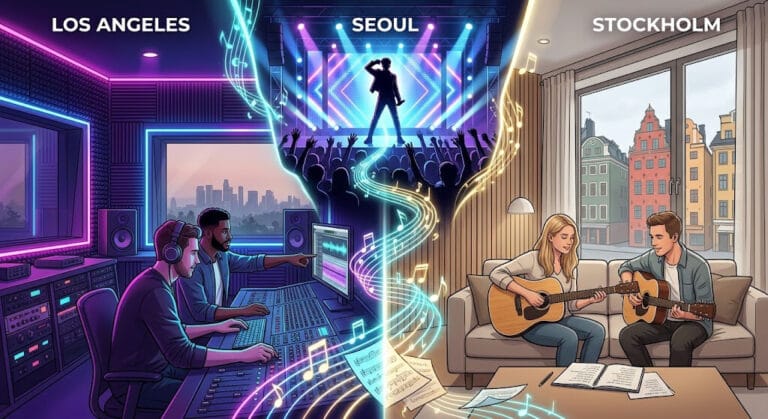 A vibrant illustration showing music producers from Los Angeles and Stockholm collaborating to create a K-pop hit song for a stage in Seoul