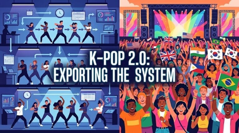 Illustration depicting the K-pop training system on one side and a global audience on the other, representing the globalization of K-pop.