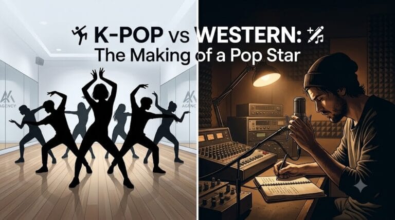 A split-screen image showing K-pop trainees practicing choreography in a bright studio on the left, and a solo Western artist writing music in a moody recording booth on the right, illustrating the different training systems.