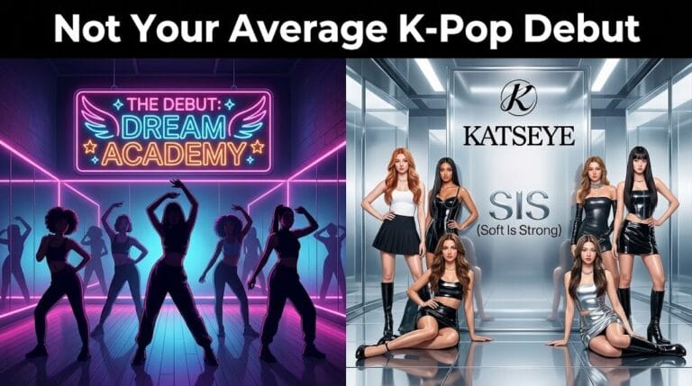 A split-screen graphic contrasting the 'Dream Academy' survival show logo with KATSEYE's 'SIS' EP artwork, illustrating their unique debut journey.