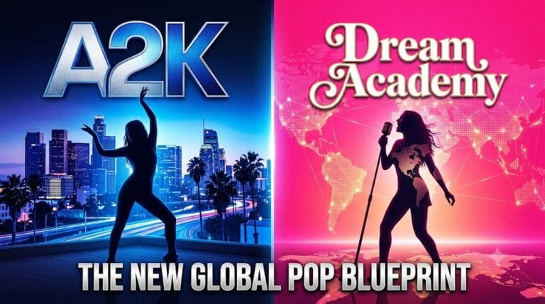 A split-screen illustration contrasting the A2K and Dream Academy audition programs, depicting trainees against an LA skyline and a global map, representing the creation of localized K-pop groups.