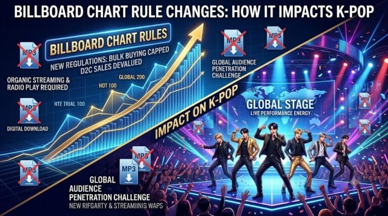 A dynamic 16:9 graphic showing a rising Billboard chart graph juxtaposed with a K-pop idol group performing on stage, illustrating the impact of new music chart rules on global music promotions.