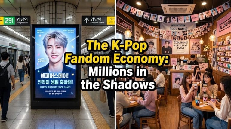 "Split screen graphic showing a K-pop idol subway birthday advertisement on the left and a fan-decorated idol birthday cafe event on the right, illustrating the fandom economy."