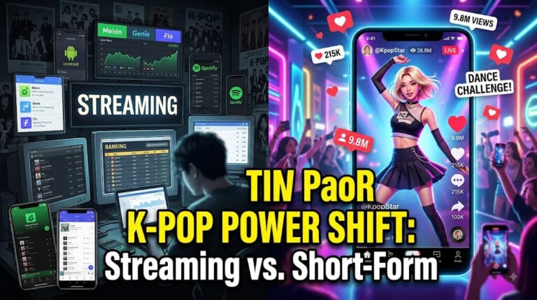 A split-screen graphic showing multiple devices streaming music charts on the left, contrasting with a vibrant smartphone displaying a TikTok vertical dance challenge on the right, representing the shift in K-pop fandom culture.