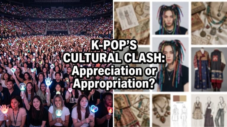 Split screen graphic showing a diverse global K-pop concert audience holding lightsticks on the left, and a K-pop fashion concept mood board on the right, highlighting the cultural appropriation controversy within the industry.