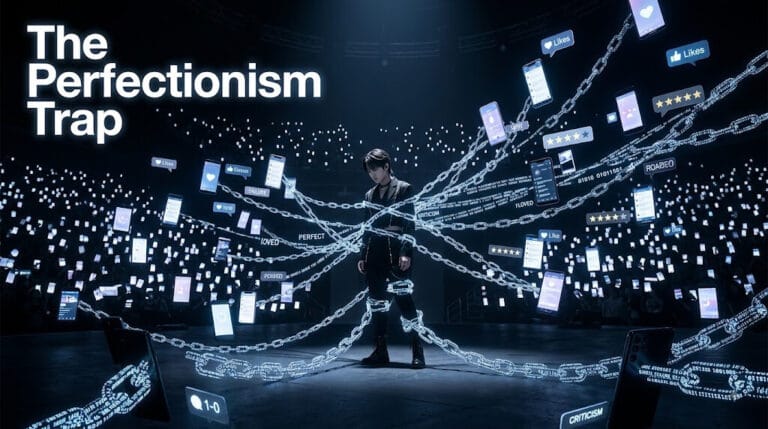 A pop idol standing on a dark stage illuminated by glowing smartphones and digital chains, symbolizing the psychological pressure and perfectionism trap caused by social media and high fandom expectations.