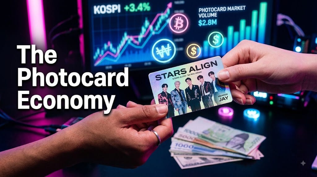A close-up of hands exchanging a shiny K-pop photocard against a backdrop of financial graphs, illustrating how fandom merchandise functions as an alternative currency in the K-pop economy.