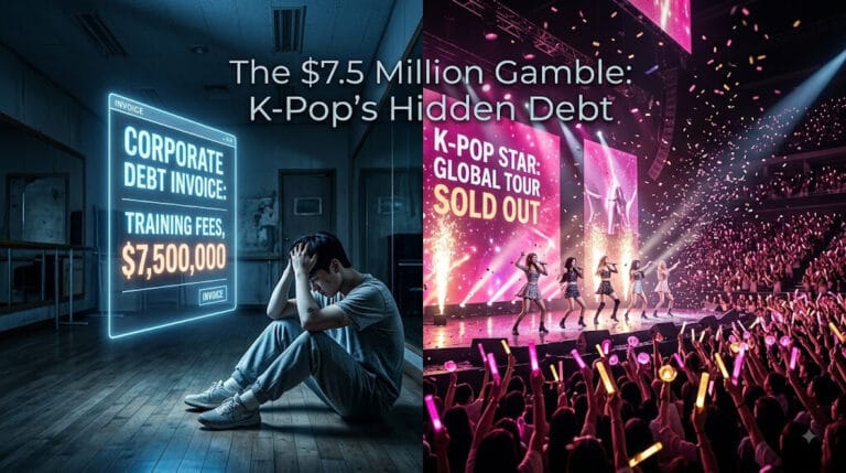 A split-screen image showing an exhausted K-pop trainee in a dark practice room on one side, and a glamorous, brightly lit idol concert stage on the other, symbolizing the massive financial investment and hidden debt behind debuting in the K-pop industry.