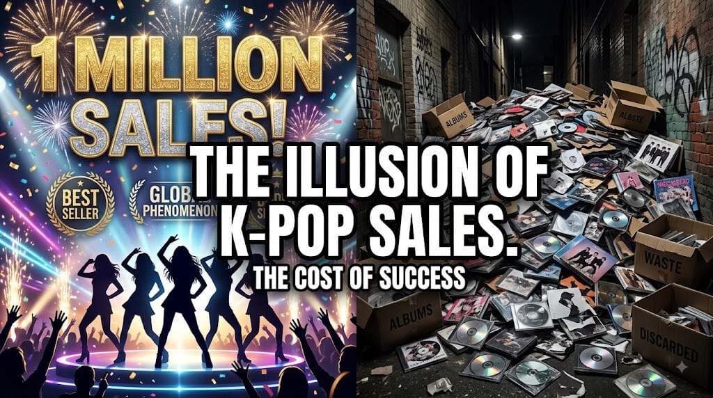 A split view showing a celebratory 1 million album sales graphic next to a massive pile of discarded K-pop CDs in the trash, representing the dark side of album sales inflation.