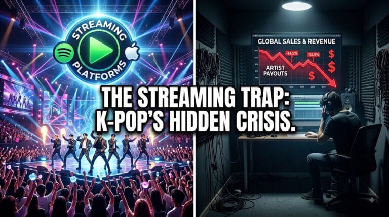 A contrast visual showing a glamorous K-pop stage with streaming logos next to a dark studio with a crashing financial chart, illustrating the negative impact of streaming payouts on small K-pop agencies