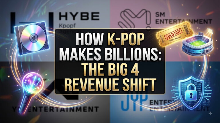 An infographic thumbnail showing 3D icons of a CD, concert ticket, lightstick, and digital IP symbol against the logos of HYBE, SM, YG, and JYP, illustrating the K-pop agency revenue structure.