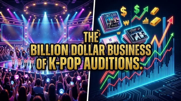 A visual illustrating the financial success of K-pop survival programs, featuring a brightly lit audition stage next to upward trending financial charts and dollar signs, explaining the economics of idol audition shows.