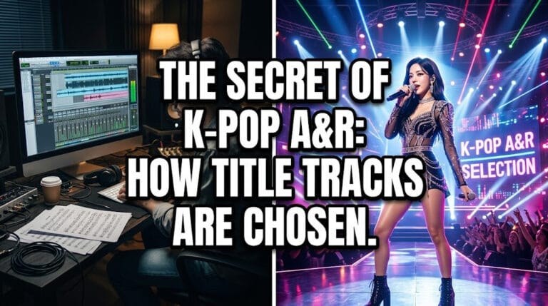 A split image showing a dark recording studio audio mixing screen on the left and a brightly lit K-pop idol performing on stage on the right, representing the hidden A&R production process behind hit songs.