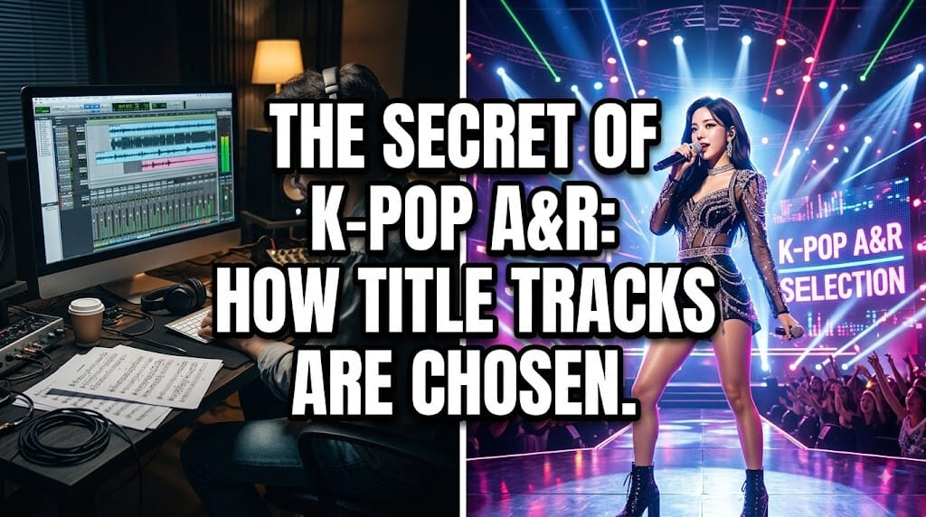 A split image showing a dark recording studio audio mixing screen on the left and a brightly lit K-pop idol performing on stage on the right, representing the hidden A&R production process behind hit songs.