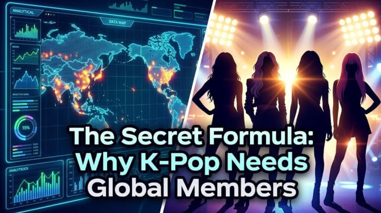 A digital illustration combining a global data heat map with the silhouettes of a multinational K-pop group, representing the data-driven casting strategies of Korean entertainment agencies.
