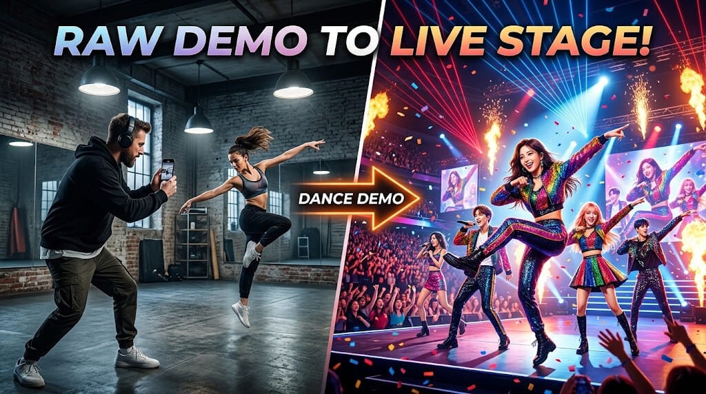 A split-screen visual showing a K-pop choreographer filming a dance demo in a studio on the left, transitioning to idols performing the final polished choreography on a grand concert stage on the right.