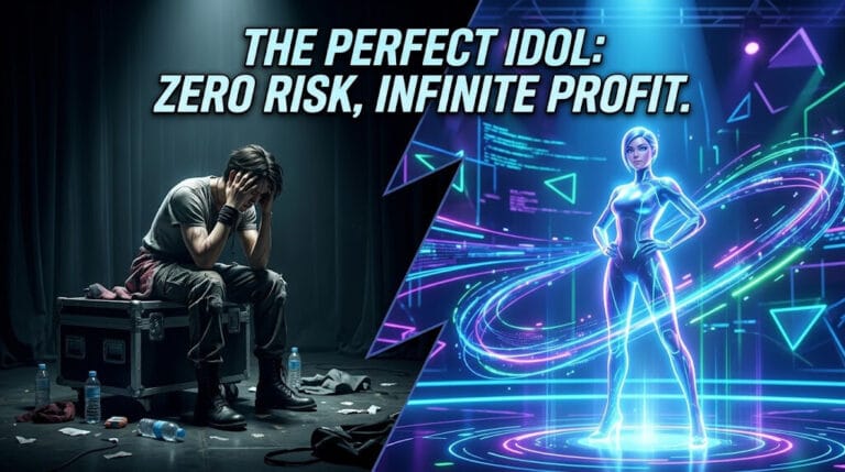 A split-screen illustration showing a stressed human K-pop idol on the left and a flawless, glowing virtual AI idol on the right, representing the shift in the K-pop business model.