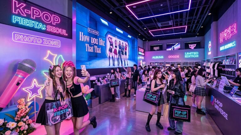 A vibrant and modern K-pop pop-up store interior filled with neon lights, an interactive LED screen, and excited fans taking photos with limited-edition merchandise.