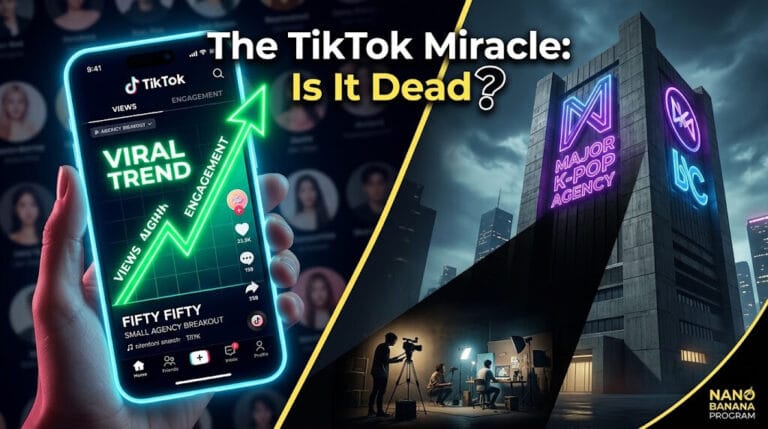 A split-screen illustration showing a viral TikTok algorithm graph on a smartphone on the left, contrasting with massive K-pop corporate buildings on the right, representing the struggle of small agencies.