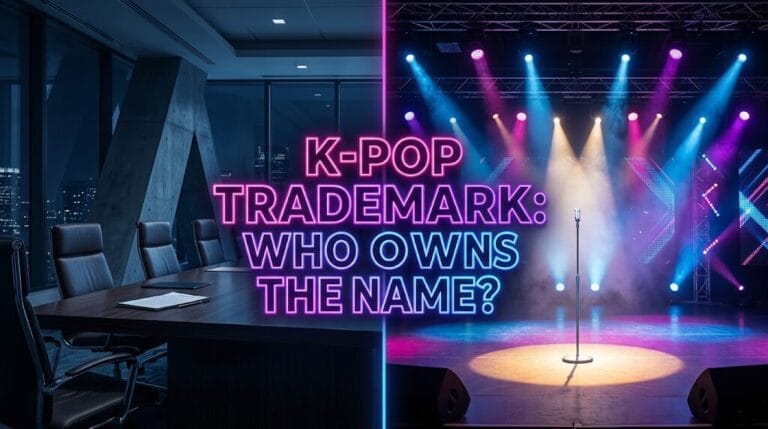 A dramatic thumbnail illustrating the K-pop trademark wars, featuring a corporate boardroom contrasting with an empty concert stage, highlighting the battle over intellectual property between entertainment agencies and idols.
