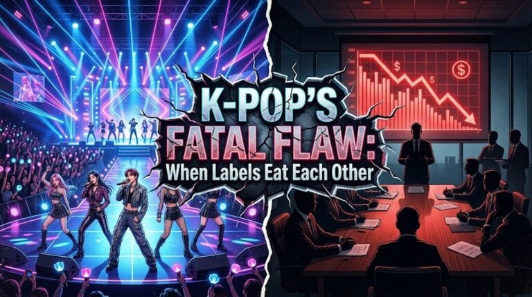 A conceptual thumbnail showing a K-pop concert stage clashing with a dark corporate boardroom, illustrating the internal conflict and cannibalization within giant multi-label entertainment companies.