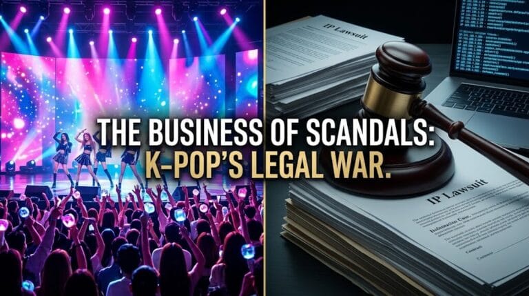 A split screen showing a bright K-Pop concert stage on the left and a judge's gavel on top of legal documents on the right, illustrating the legal battles and crisis management in the K-Pop entertainment industry.