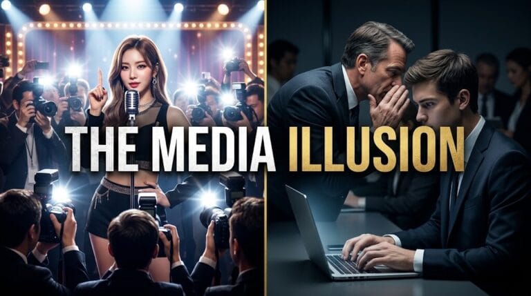 A split screen showing a bright K-Pop press conference on one side and a shadowy corporate meeting on the other, illustrating media manipulation and press control in the entertainment industry."