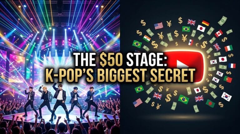 A split screen showing an expensive, brightly lit K-Pop stage on the left and a digital YouTube icon with global flags and money signs on the right, representing the digital economics and low appearance fees of Korean music shows.