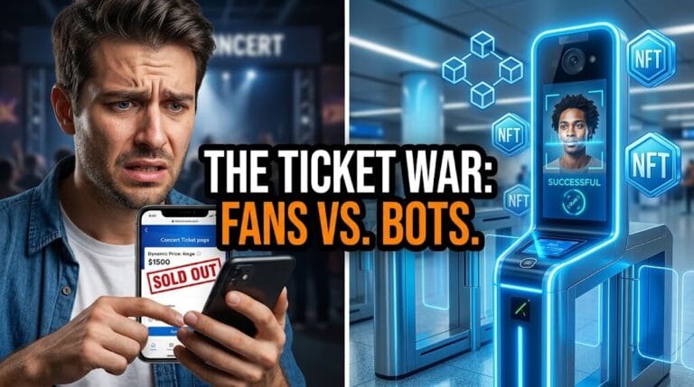 A split-screen showing a frustrated concert fan holding a phone with expensive ticket prices on the left, and a futuristic facial recognition and NFT ticketing security system on the right, illustrating the war against concert scalpers.