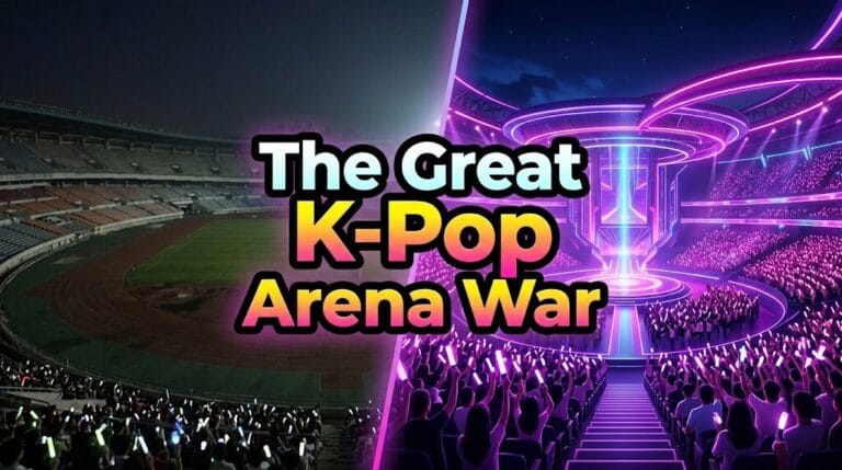 A breathtaking 16:9 panoramic view contrasting an old sports stadium with a massive, glowing modern K-Pop arena at night, filled with vibrant neon lights and thousands of glowing light sticks, featuring the bold text 'The Great K-Pop Arena War' across the center.