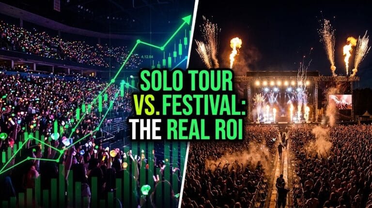 A 16:9 split-screen graphic contrasting a massive indoor arena stadium concert on the left with a giant outdoor music festival mainstage with pyrotechnics on the right, featuring bold text reading 'Solo Tour vs. Festival: The Real ROI'.